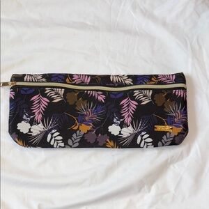 Black and Pink Botanical Cosmetic Bag with Zipper Closure